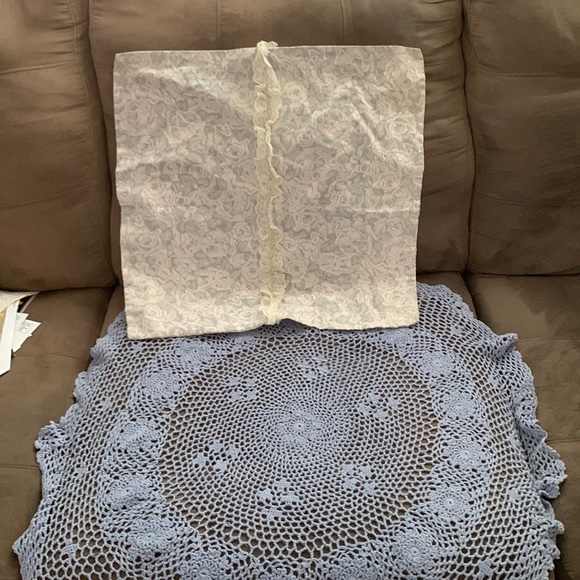Handmade Slate Blue Square Pillow Cover and Vintage Crochet Dolly - Picture 2 of 5